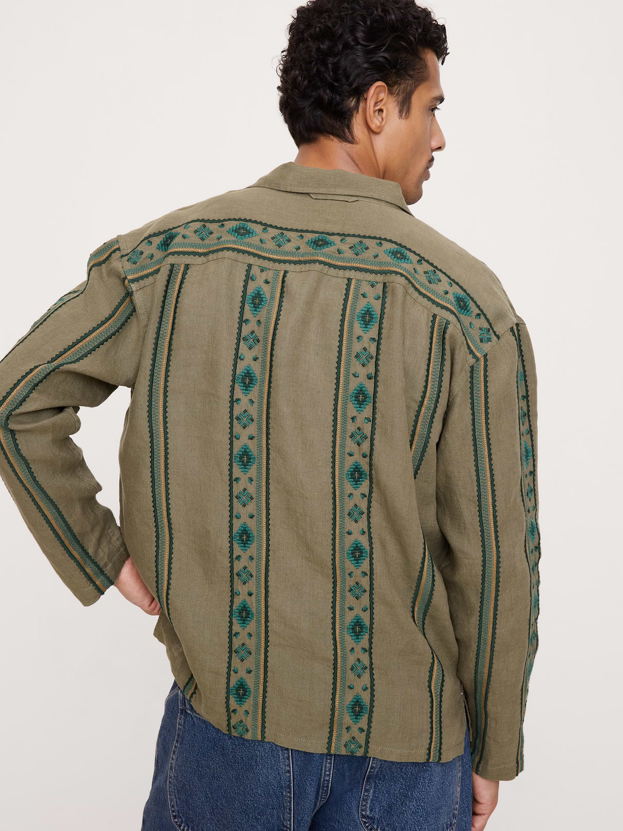 Relaxed-Fit Embroidered Linen Long-Sleeve Resort Shirt - Olive Green