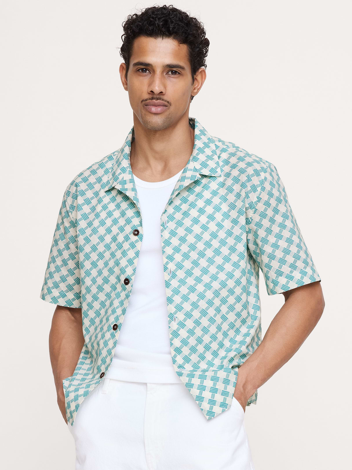 Relaxed-Fit Cotton Slub Resort Shirt - Teal Print