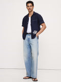 Standard-Fit Embroidered Linen Resort Shirt - Navy Blue