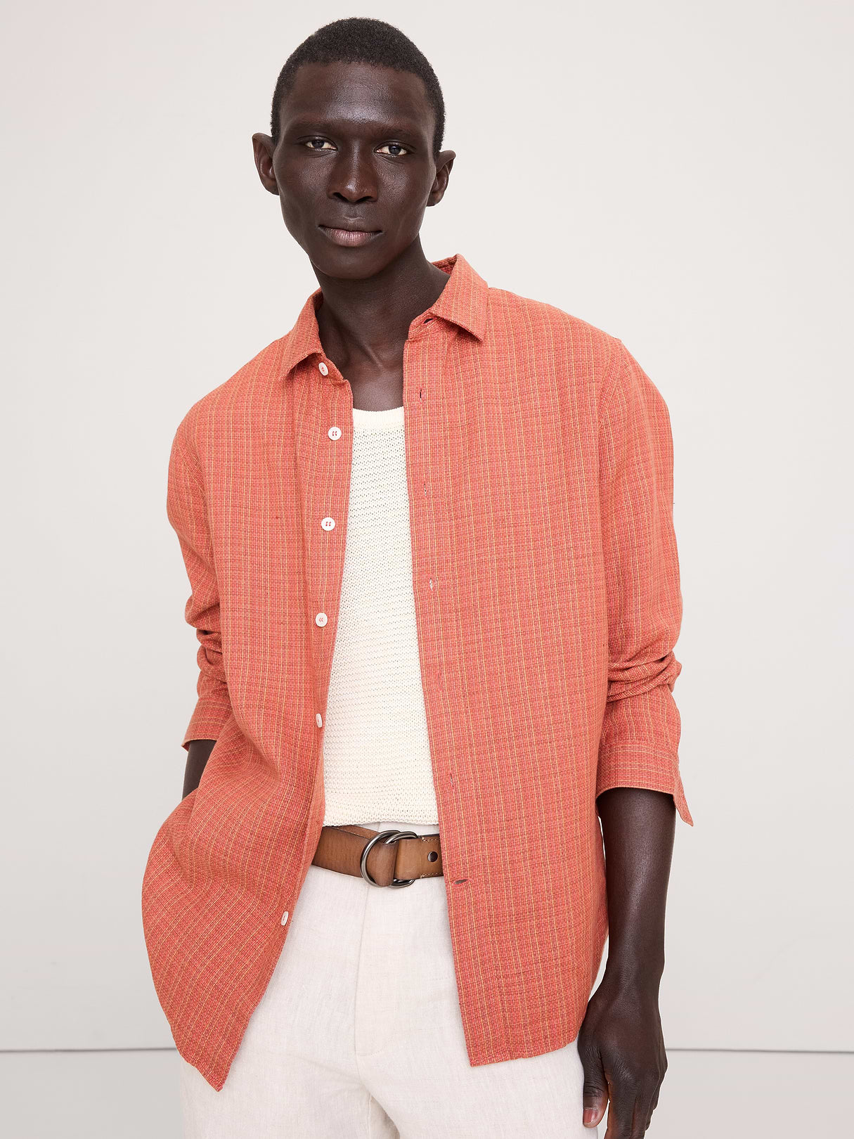 Standard-Fit Textured Linen-Cotton Shirt - Orange