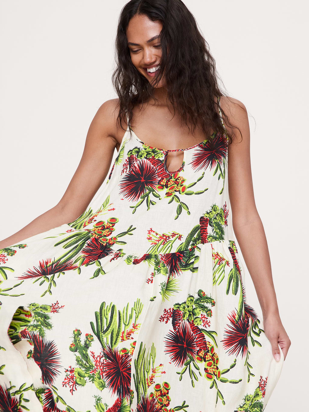 Linen Drop-Waist Maxi Dress - Pink Cactus Flower