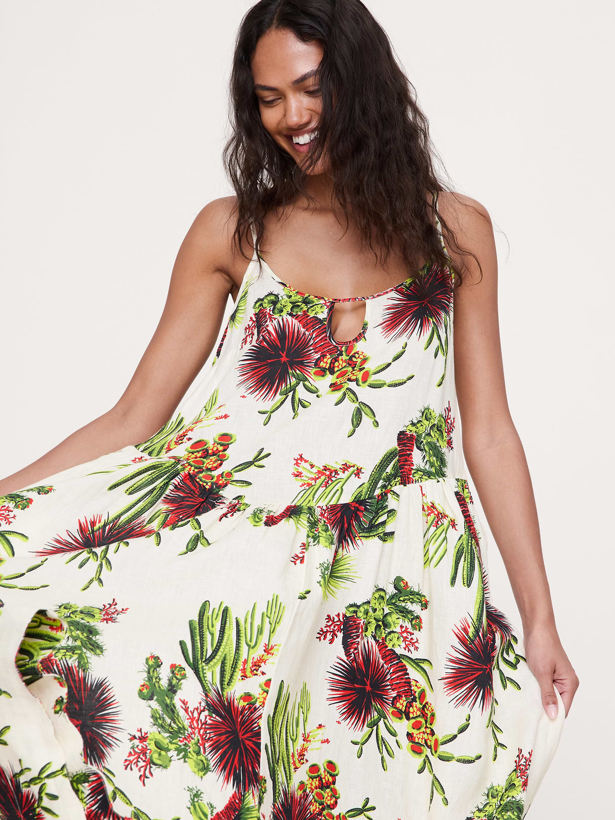Linen Drop-Waist Maxi Dress - Pink Cactus Flower