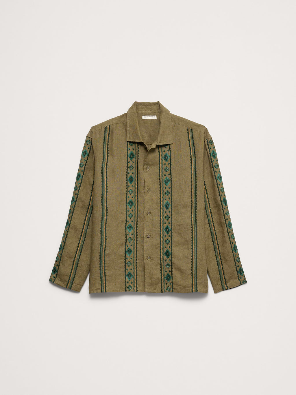 Relaxed-Fit Embroidered Linen Long-Sleeve Resort Shirt - Olive Green