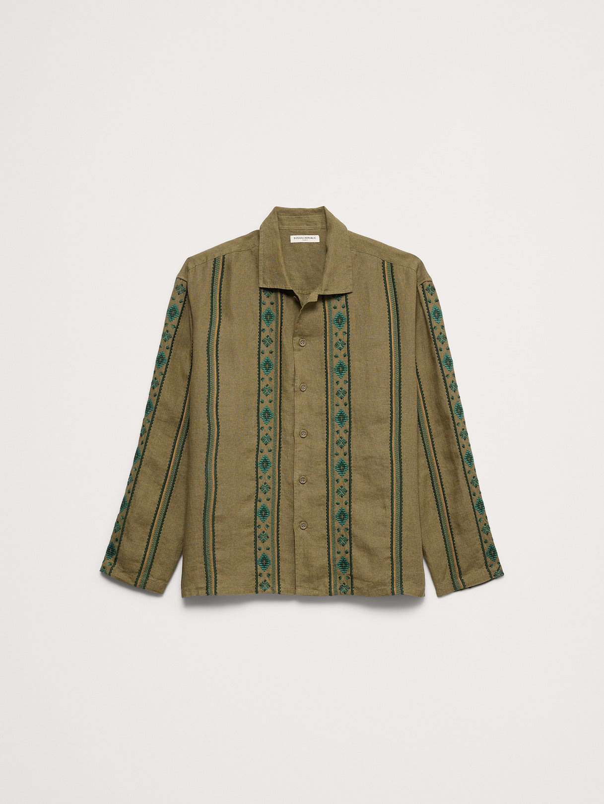 Relaxed-Fit Embroidered Linen Long-Sleeve Resort Shirt - Olive Green