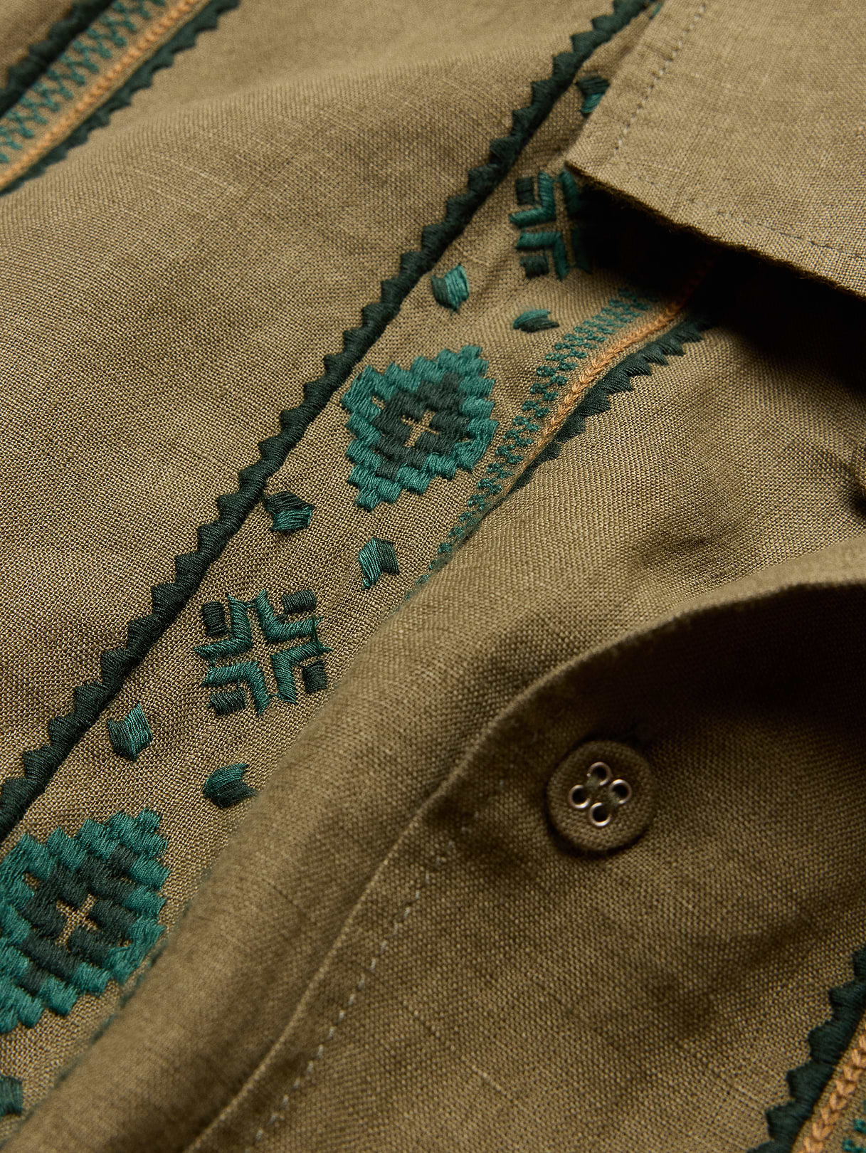 Relaxed-Fit Embroidered Linen Long-Sleeve Resort Shirt - Olive Green