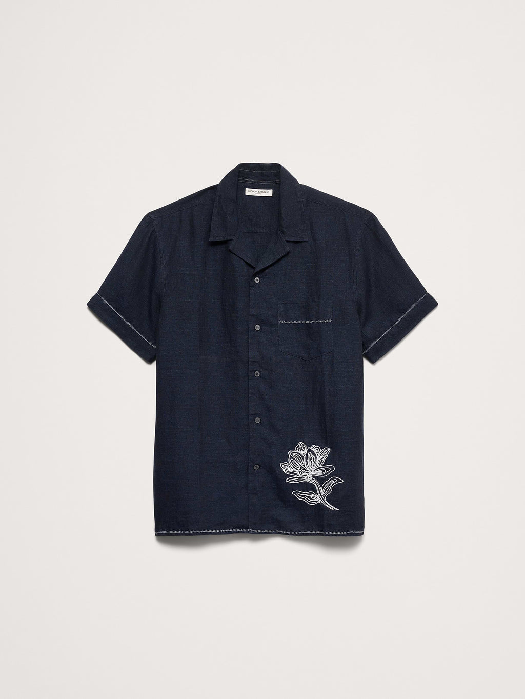 Standard-Fit Embroidered Linen Resort Shirt - Navy Blue