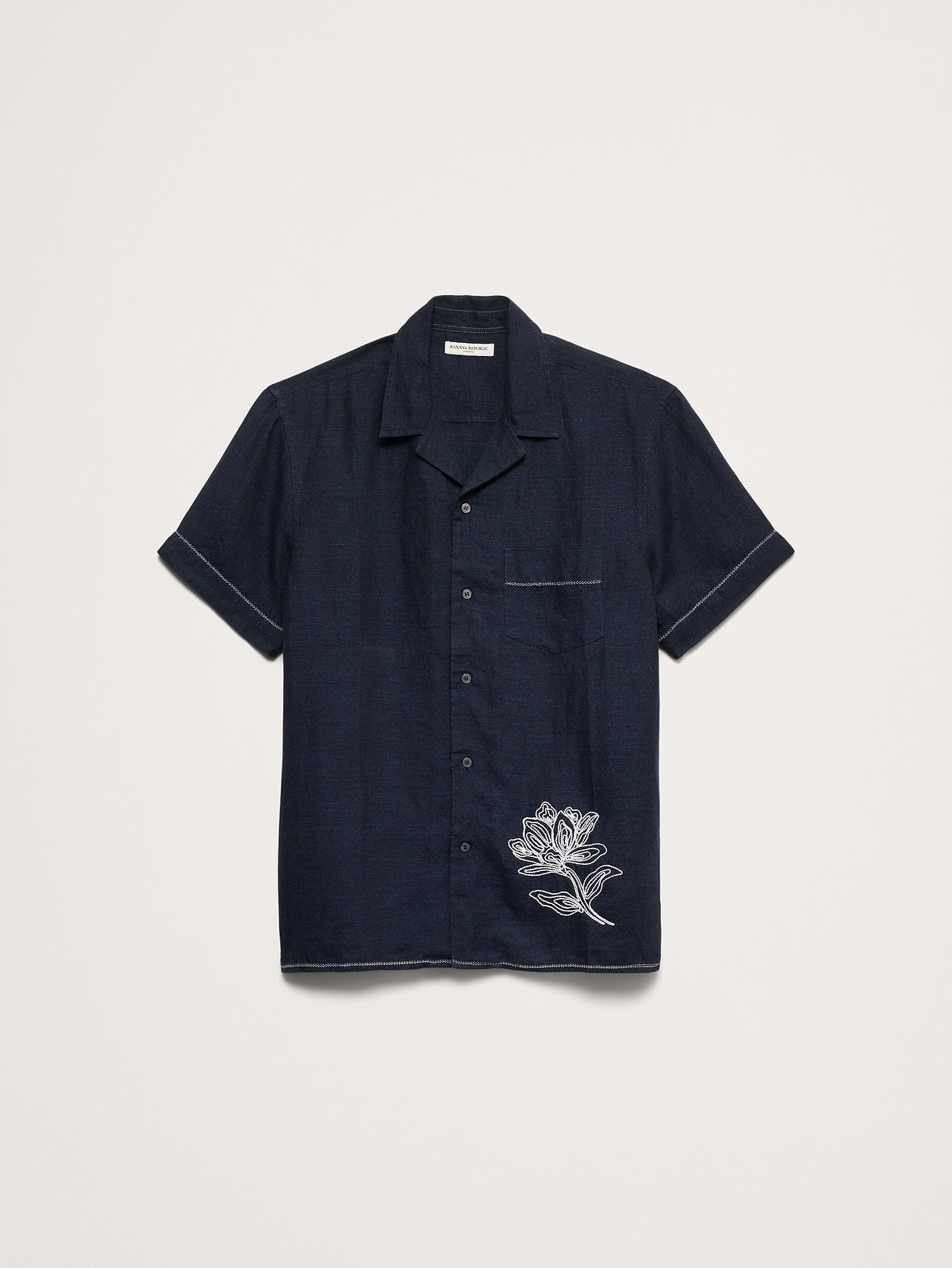 Standard-Fit Embroidered Linen Resort Shirt - Navy Blue