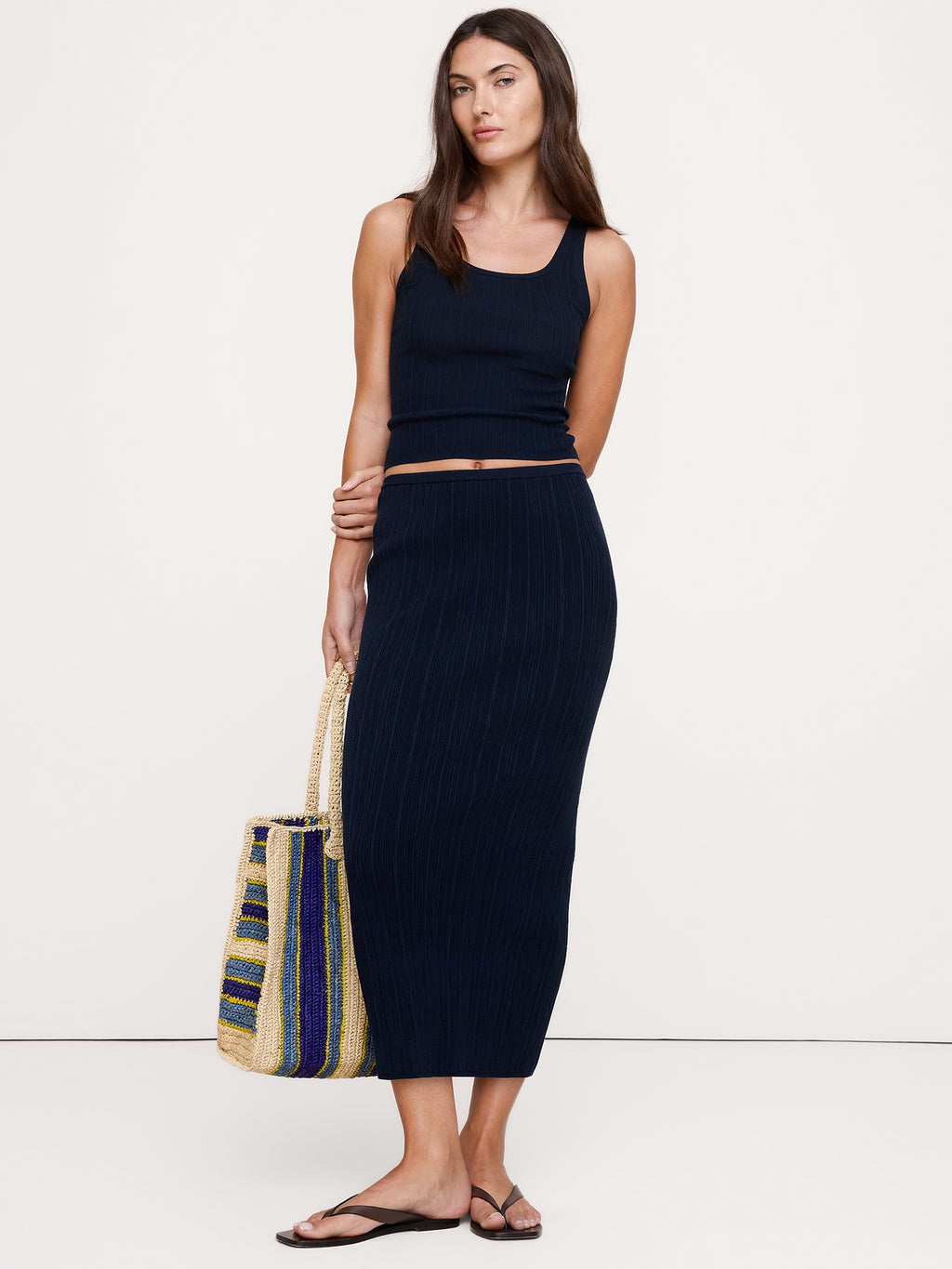 Crinkle Knit Maxi Skirt - Navy Blue