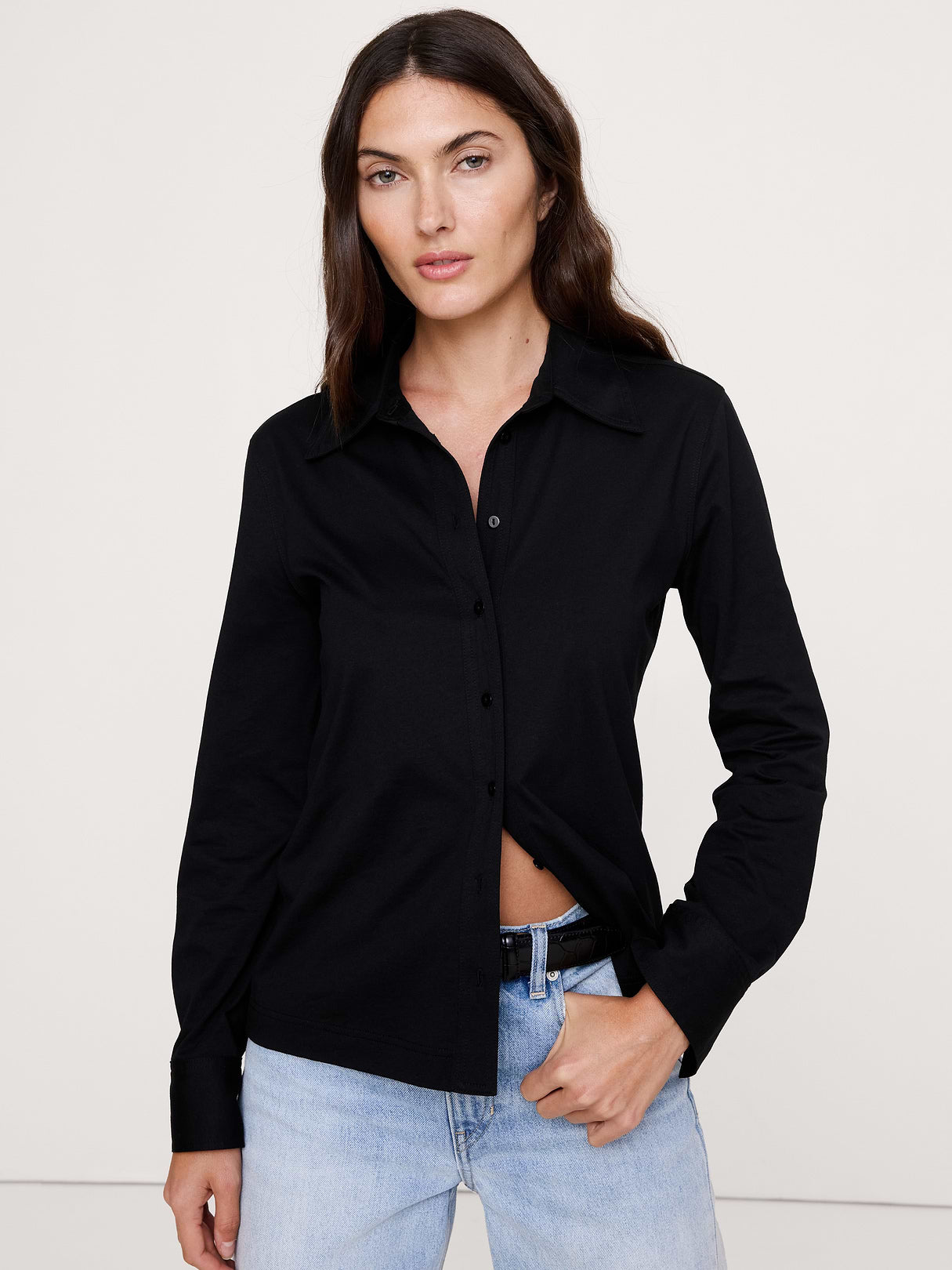 Silky Cotton Long-Sleeve Button-Down Shirt - Black