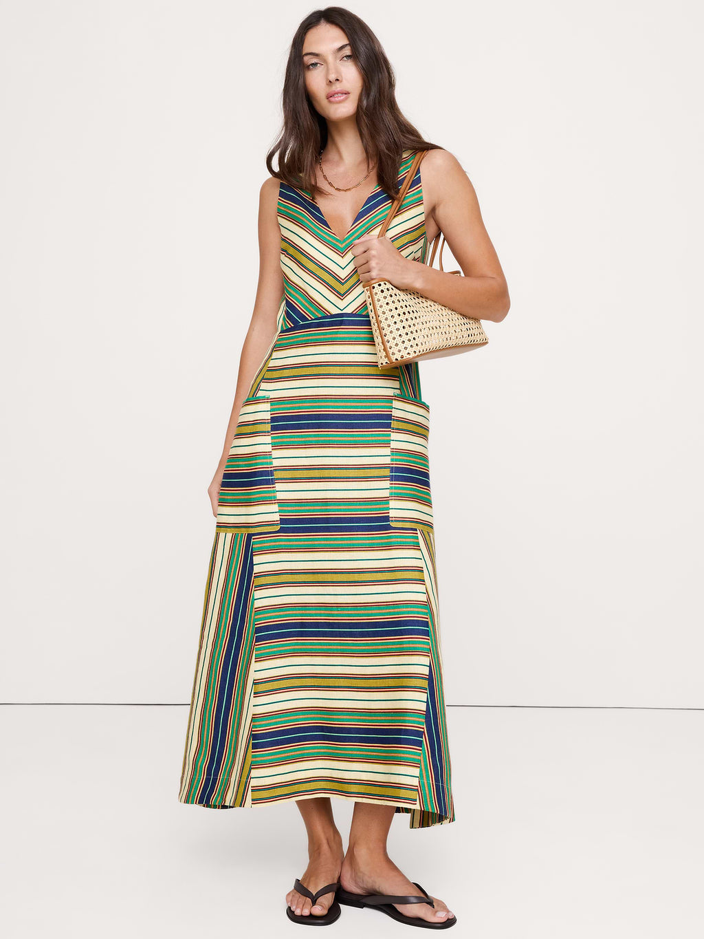 Linen Pocket Maxi Dress - Green Multi Stripe