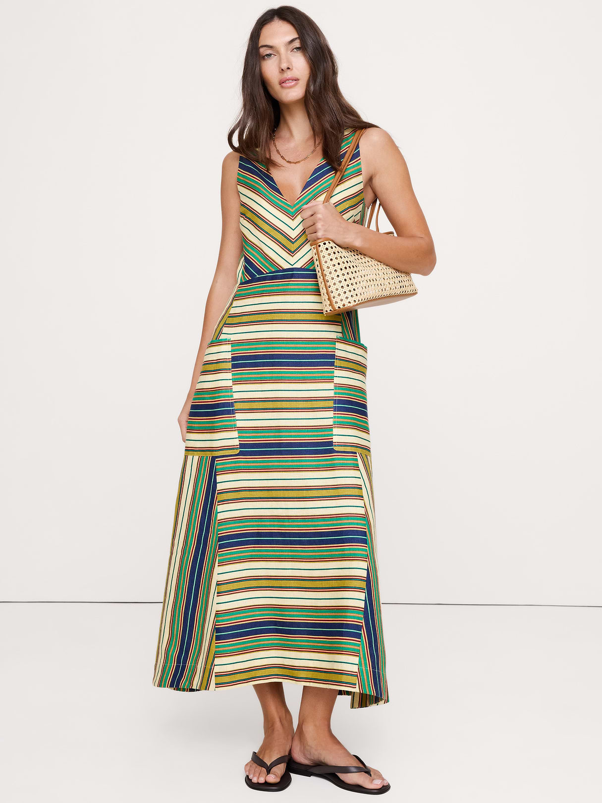 Linen Pocket Maxi Dress - Green Multi Stripe