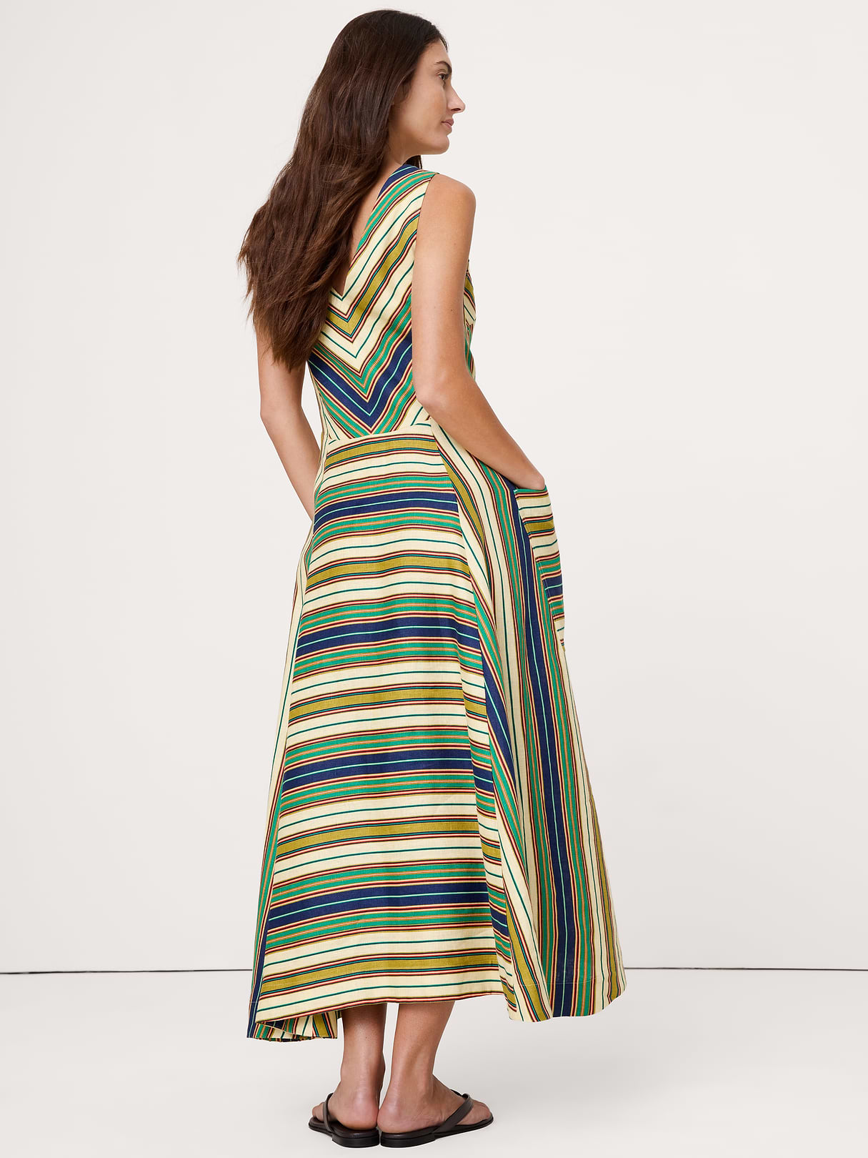 Linen Pocket Maxi Dress - Green Multi Stripe