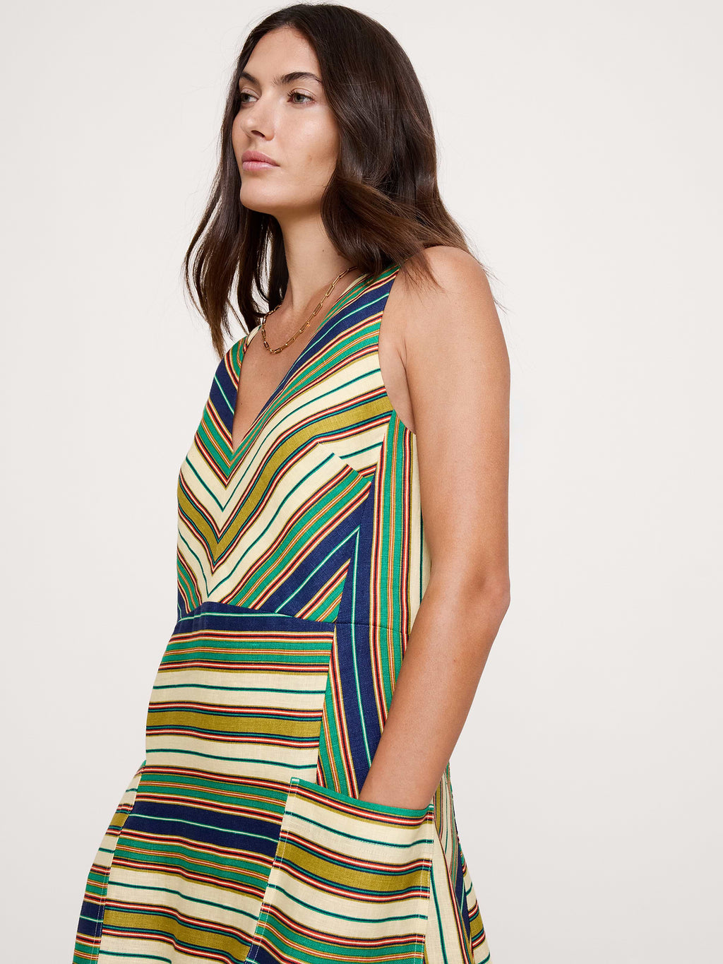 Linen Pocket Maxi Dress - Green Multi Stripe