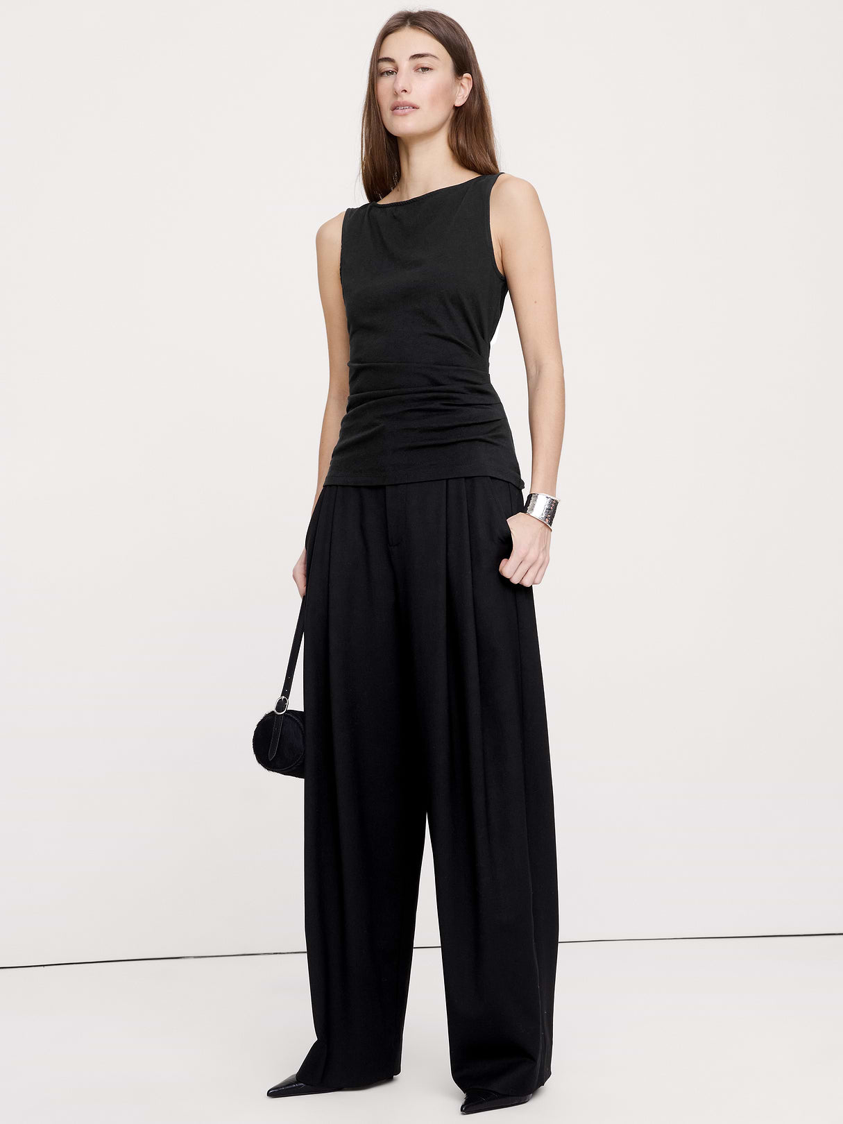 Vintage Cotton Ruched-Side Tank - Black
