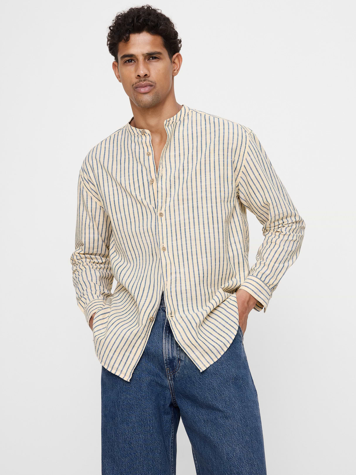 Relaxed-Fit Cotton-Slub Banded-Collar Shirt - Yellow Stripe