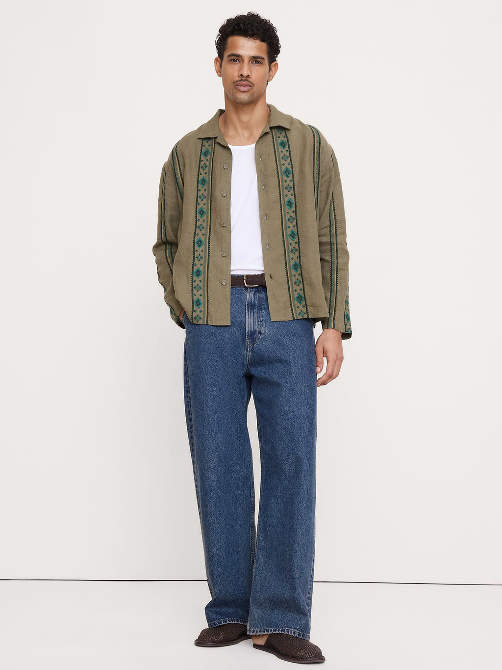 Relaxed-Fit Embroidered Linen Long-Sleeve Resort Shirt - Olive Green