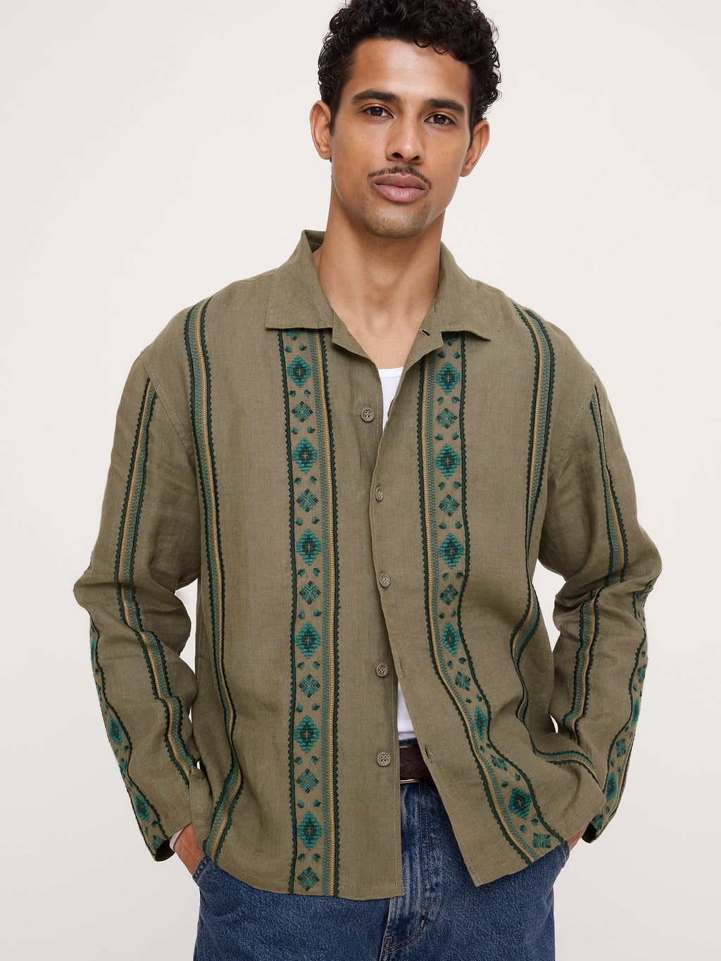 Relaxed-Fit Embroidered Linen Long-Sleeve Resort Shirt - Olive Green