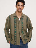Relaxed-Fit Embroidered Linen Long-Sleeve Resort Shirt - Olive Green