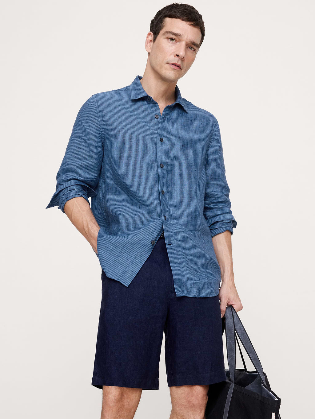 Standard-Fit Textured Linen-Cotton Shirt - Navy Blue Stripe