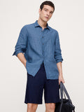 Standard-Fit Textured Linen-Cotton Shirt - Navy Blue Stripe
