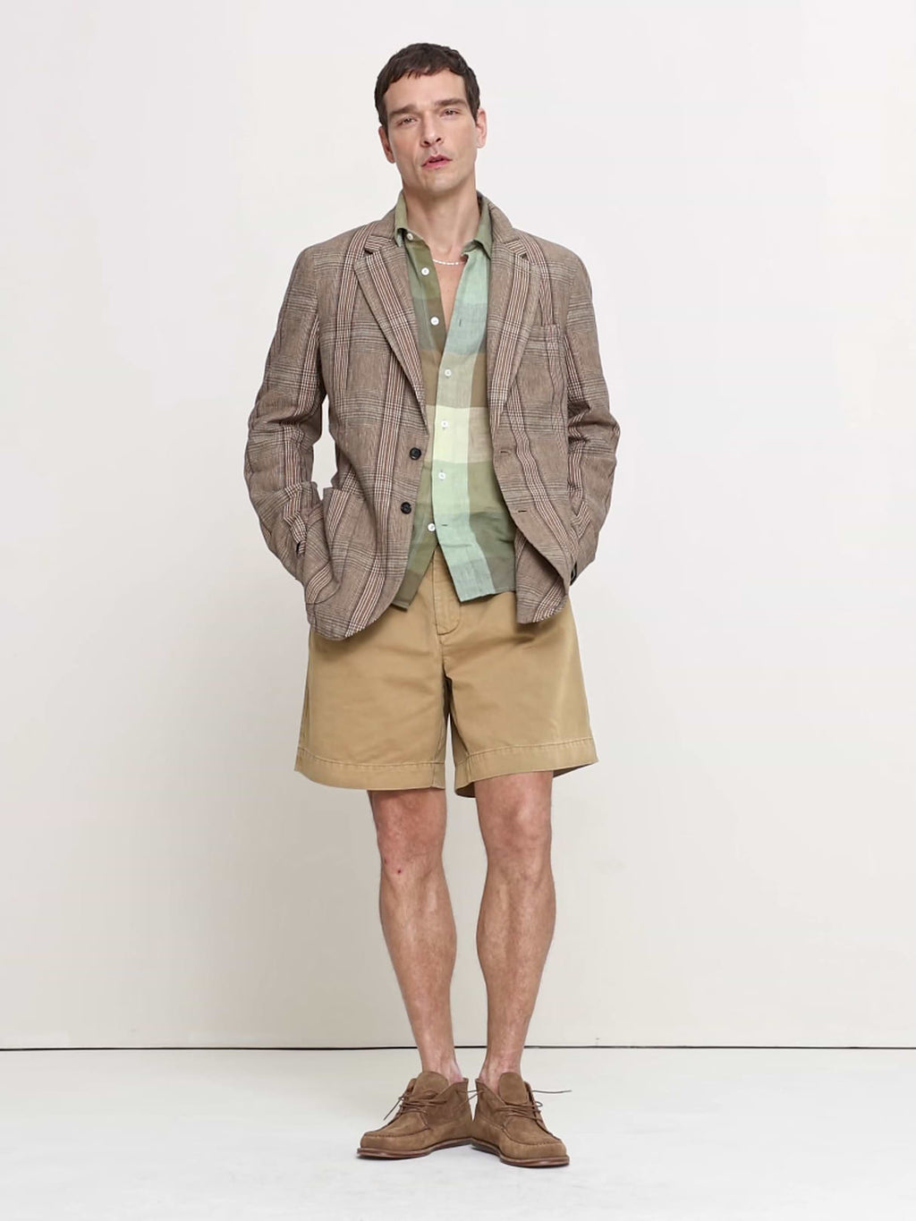 Italian Plaid Cotton-Linen Blazer - Brown Plaid