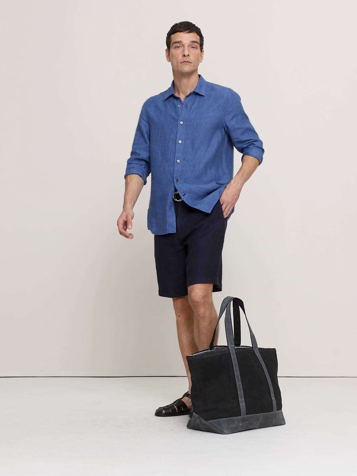 Standard-Fit Textured Linen-Cotton Shirt - Navy Blue Stripe