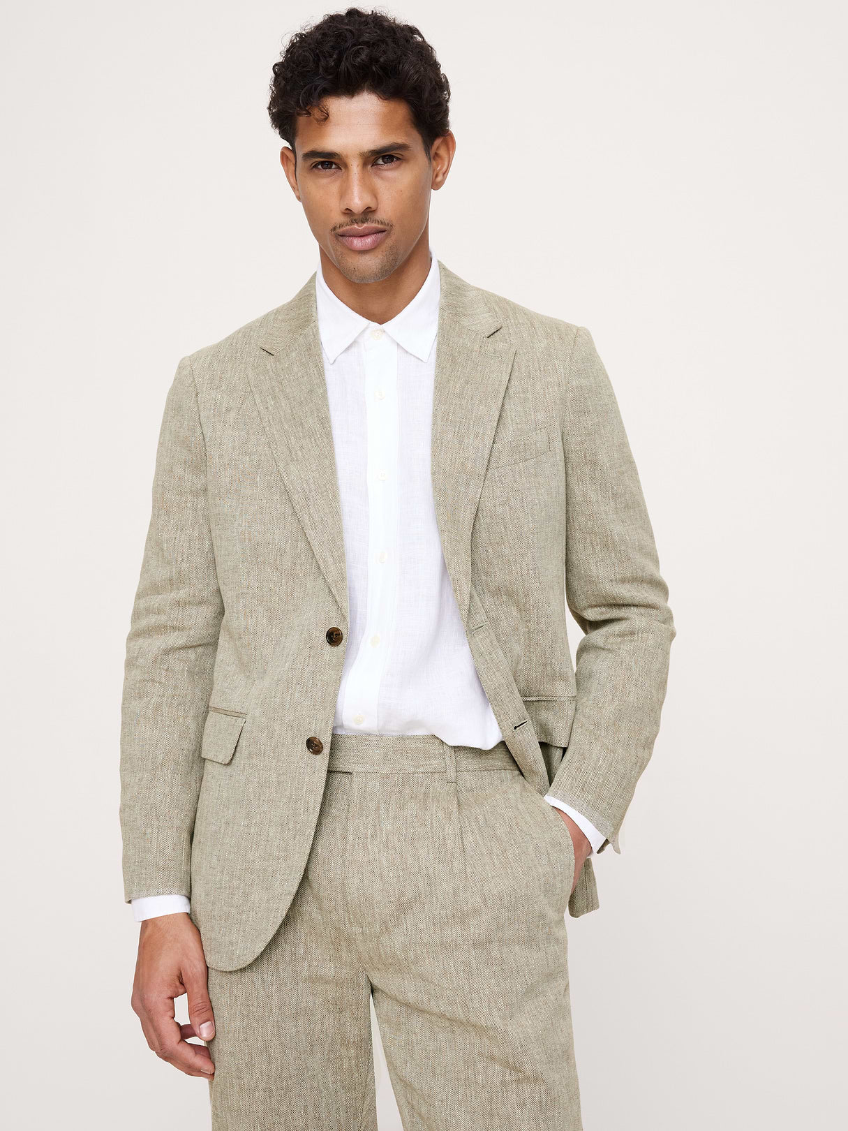 Tailored Slim-Fit Green Linen-Cotton Suit Jacket - Cabana Green