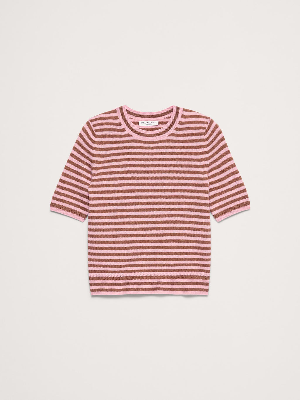 Lightweight Cashmere Short-Sleeve Sweater - Pink Mini Stripe