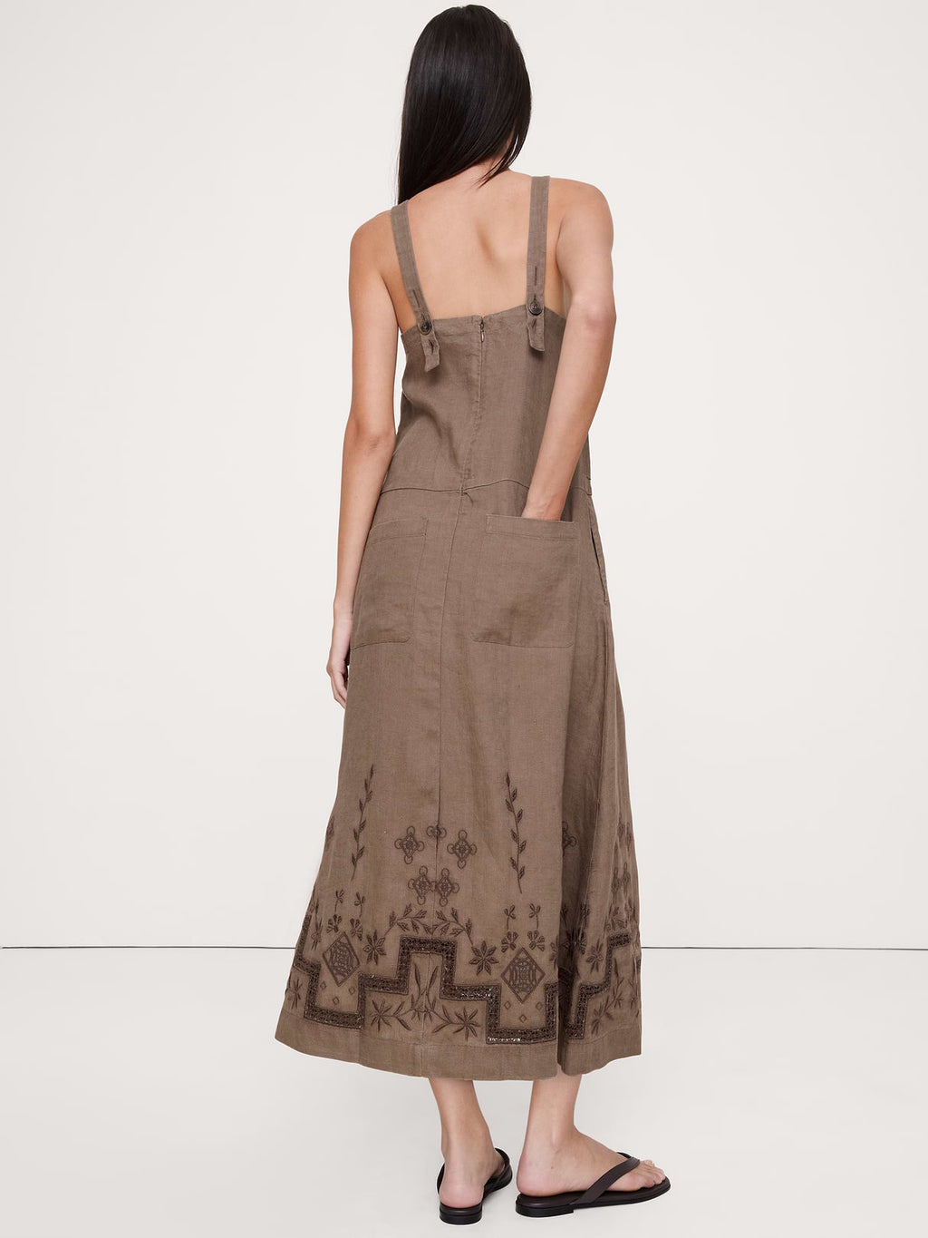 Square-Neck Apron Maxi Dress - Brown Embroidery (100% Linen)