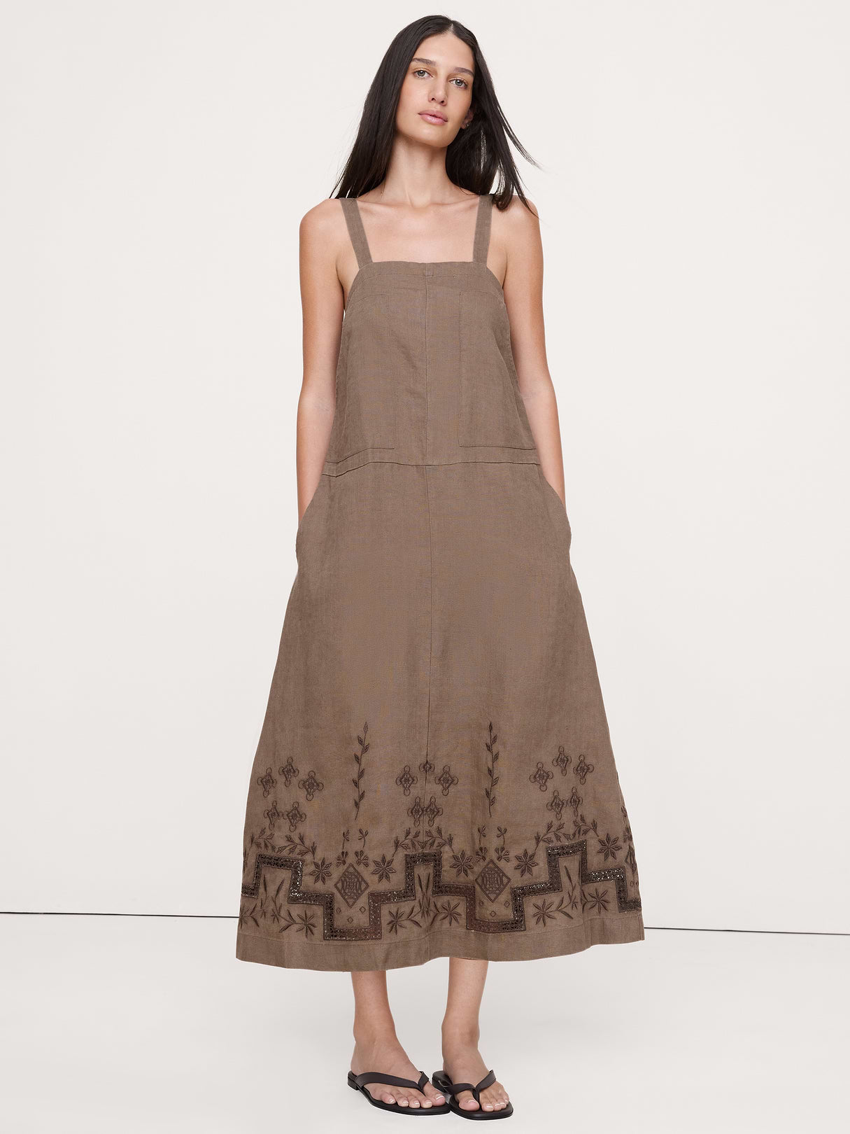 Square-Neck Apron Maxi Dress - Brown Embroidery (100% Linen)