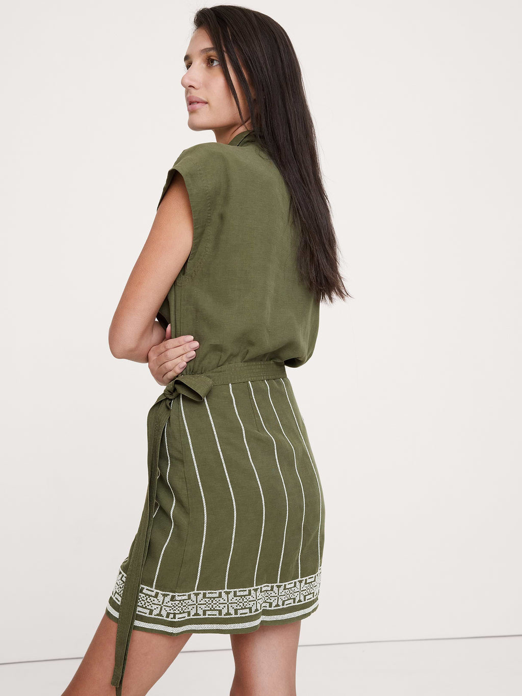 Embroidered Tencel™-Linen Wrap Dress - Stripe with Embroidery