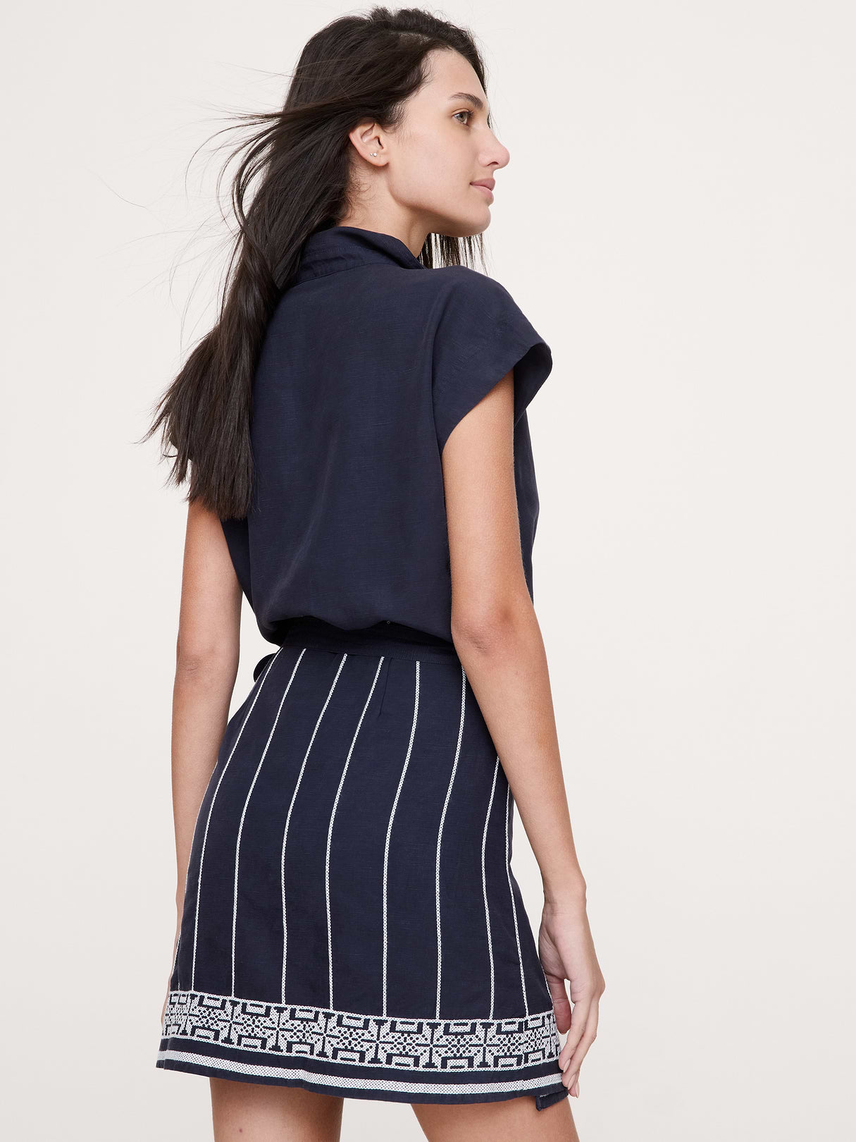 Embroidered Tencel™-Linen Wrap Dress - Navy Blue with Embroidery