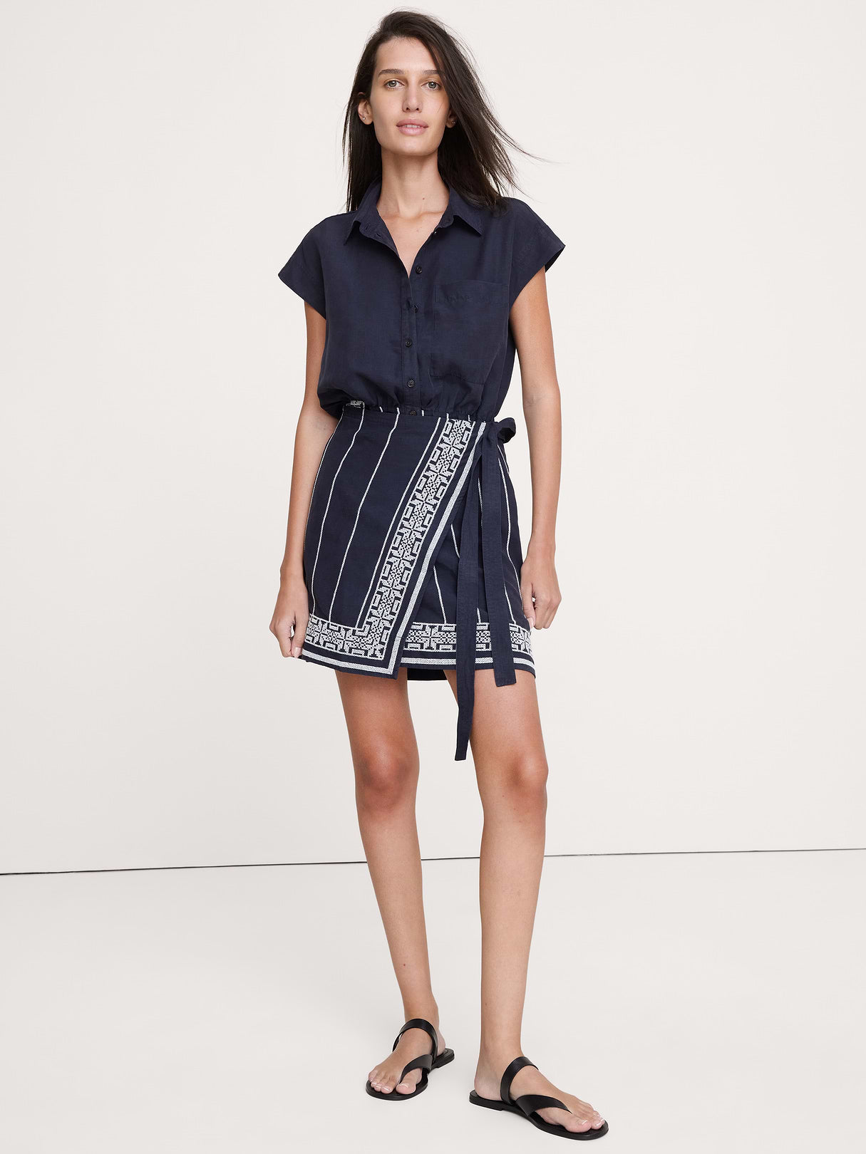Embroidered Tencel™-Linen Wrap Dress - Navy Blue with Embroidery
