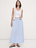 Cotton Poplin Drawstring Maxi Skirt - Light Blue Mini Stripe