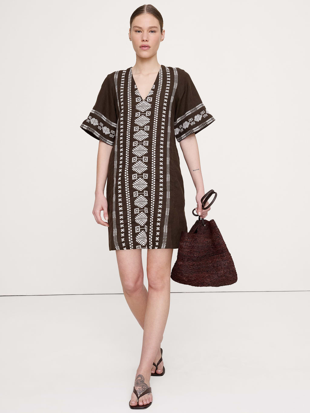 Embroidered Linen Mini Dress - Camel with Embroidery