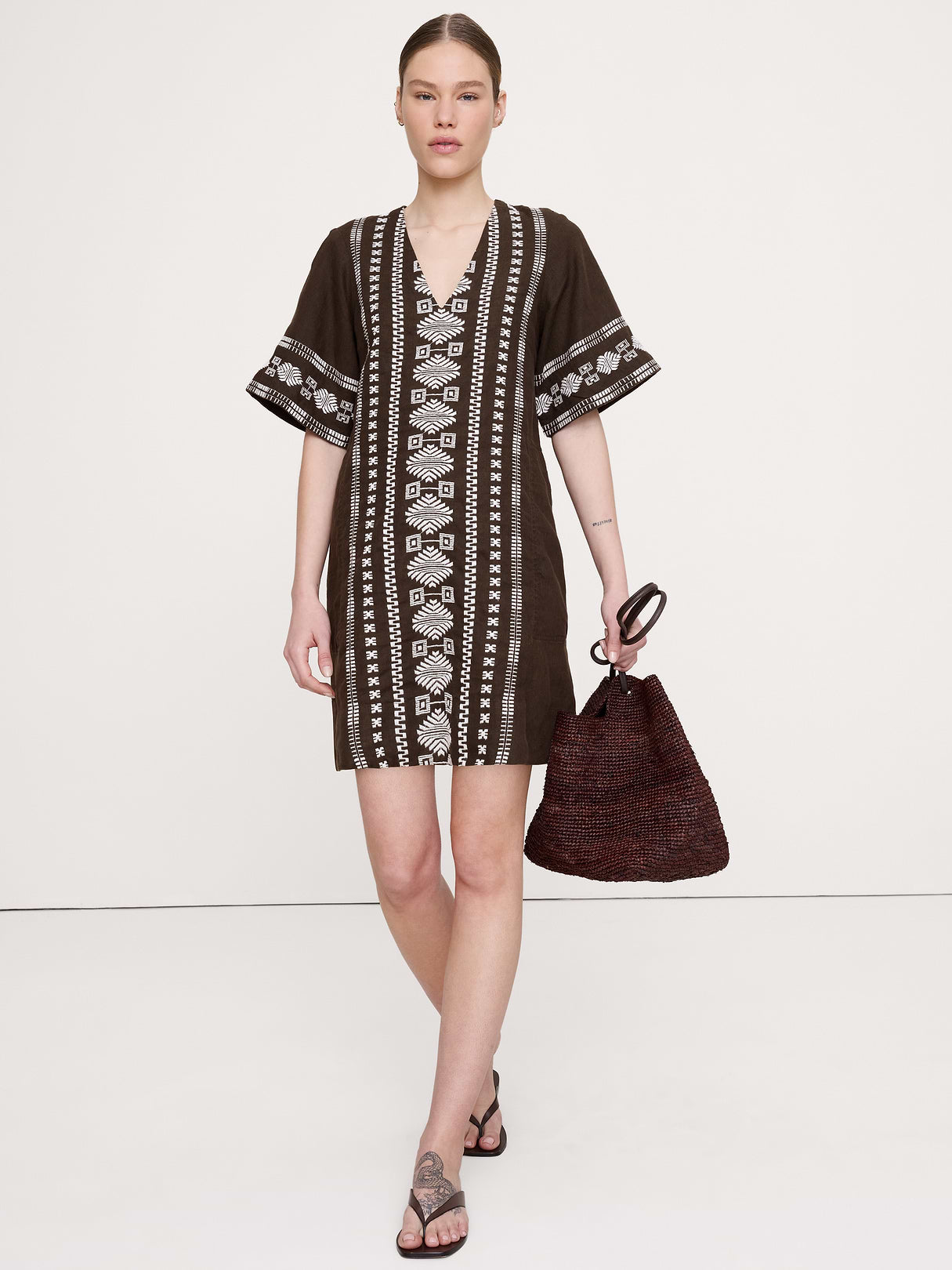Embroidered Linen Mini Dress - Camel with Embroidery