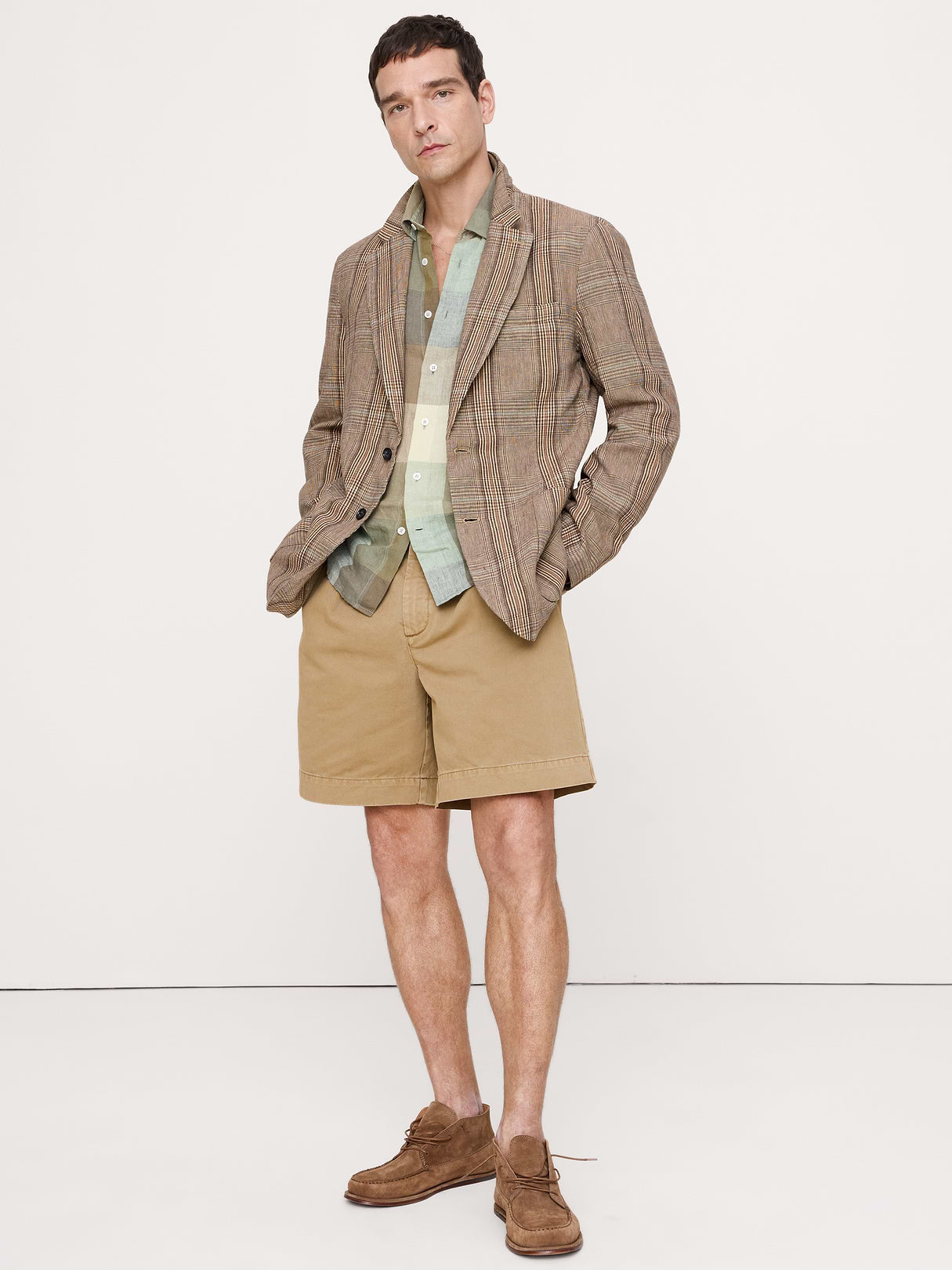 Italian Plaid Cotton-Linen Blazer - Brown Plaid