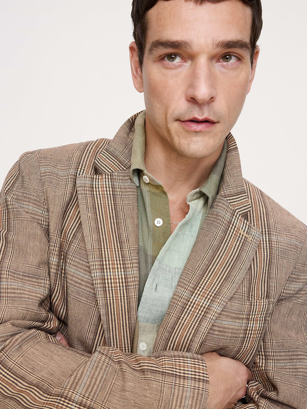 Italian Plaid Cotton-Linen Blazer - Brown Plaid