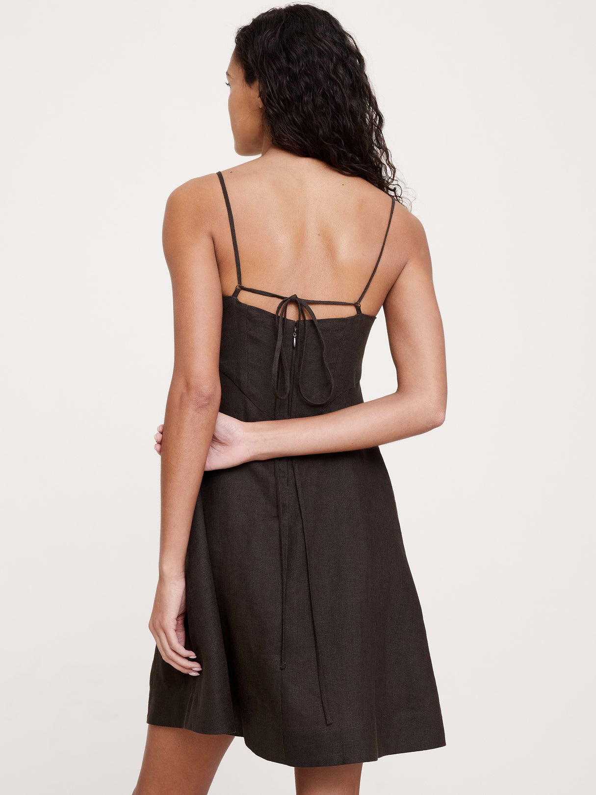 Linen Strappy Empire-Waist Mini Dress - Brownstone