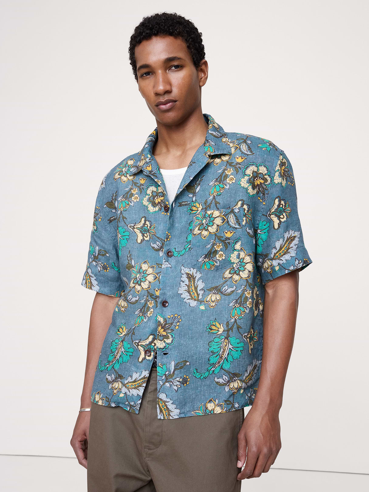 Standard-Fit Linen Resort Shirt - Blue Print