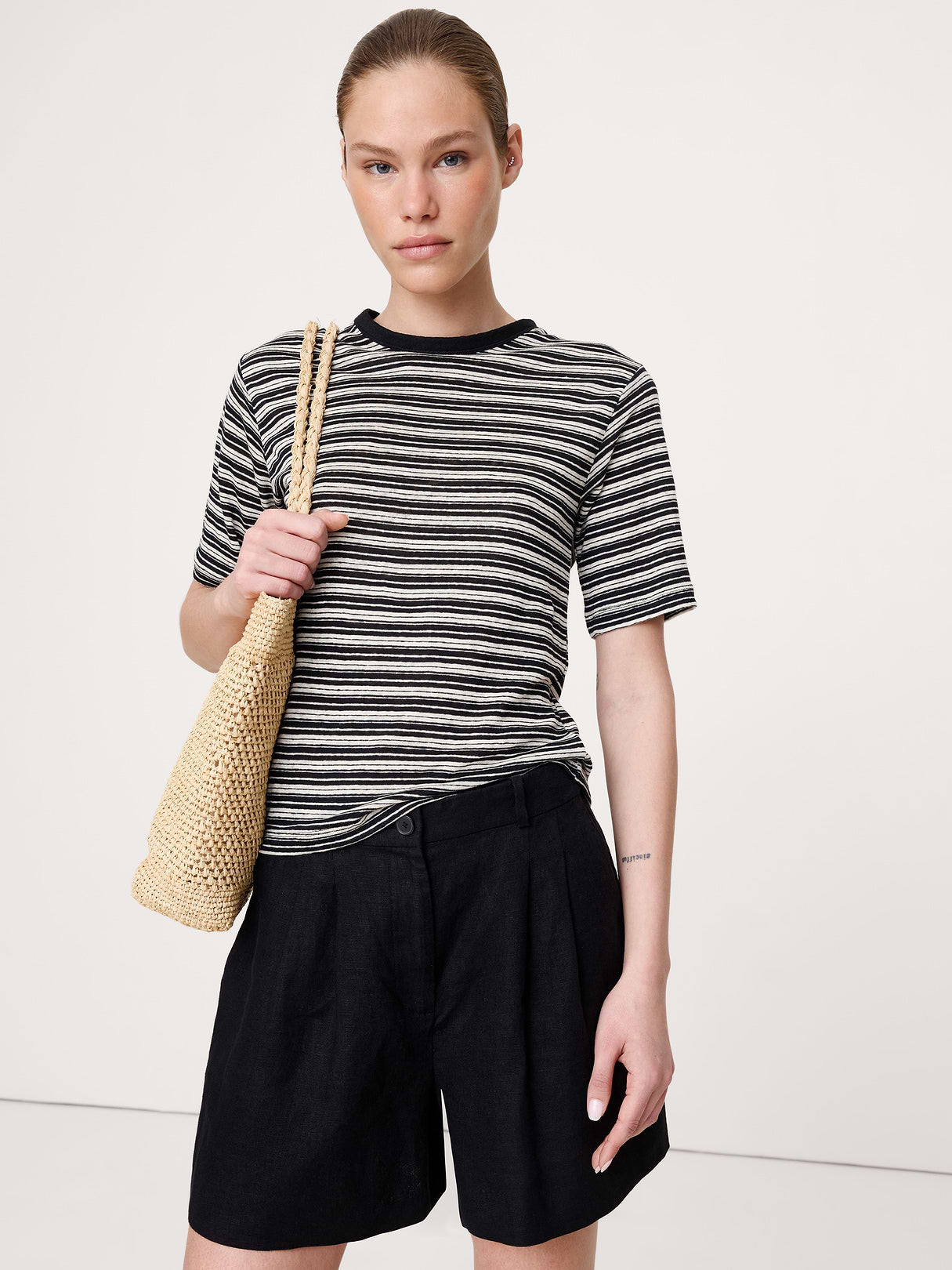 Relaxed Linen T-Shirt - White & Black Stripe