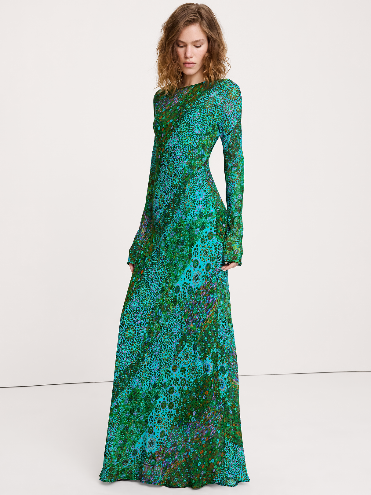 Bias-Cut Chiffon Maxi Dress - Green Geo