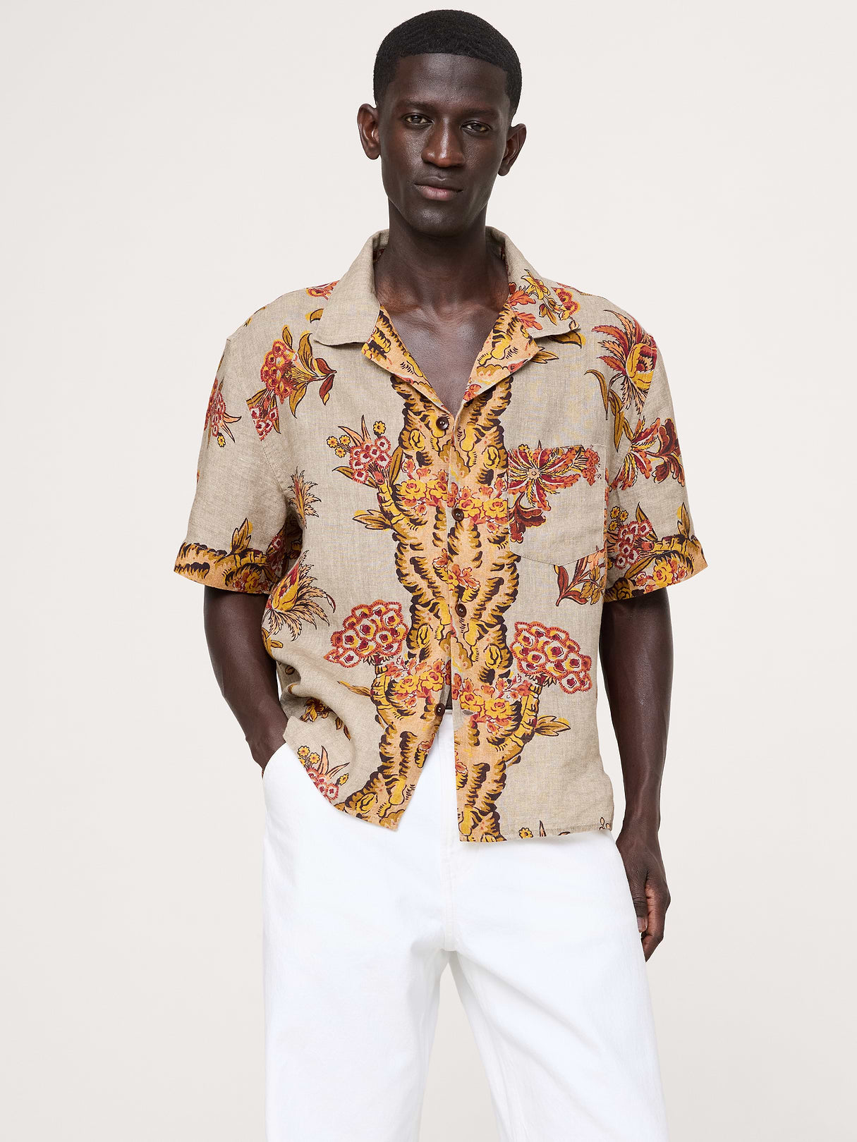 Standard-Fit Linen Resort Shirt - Khaki Beige Print