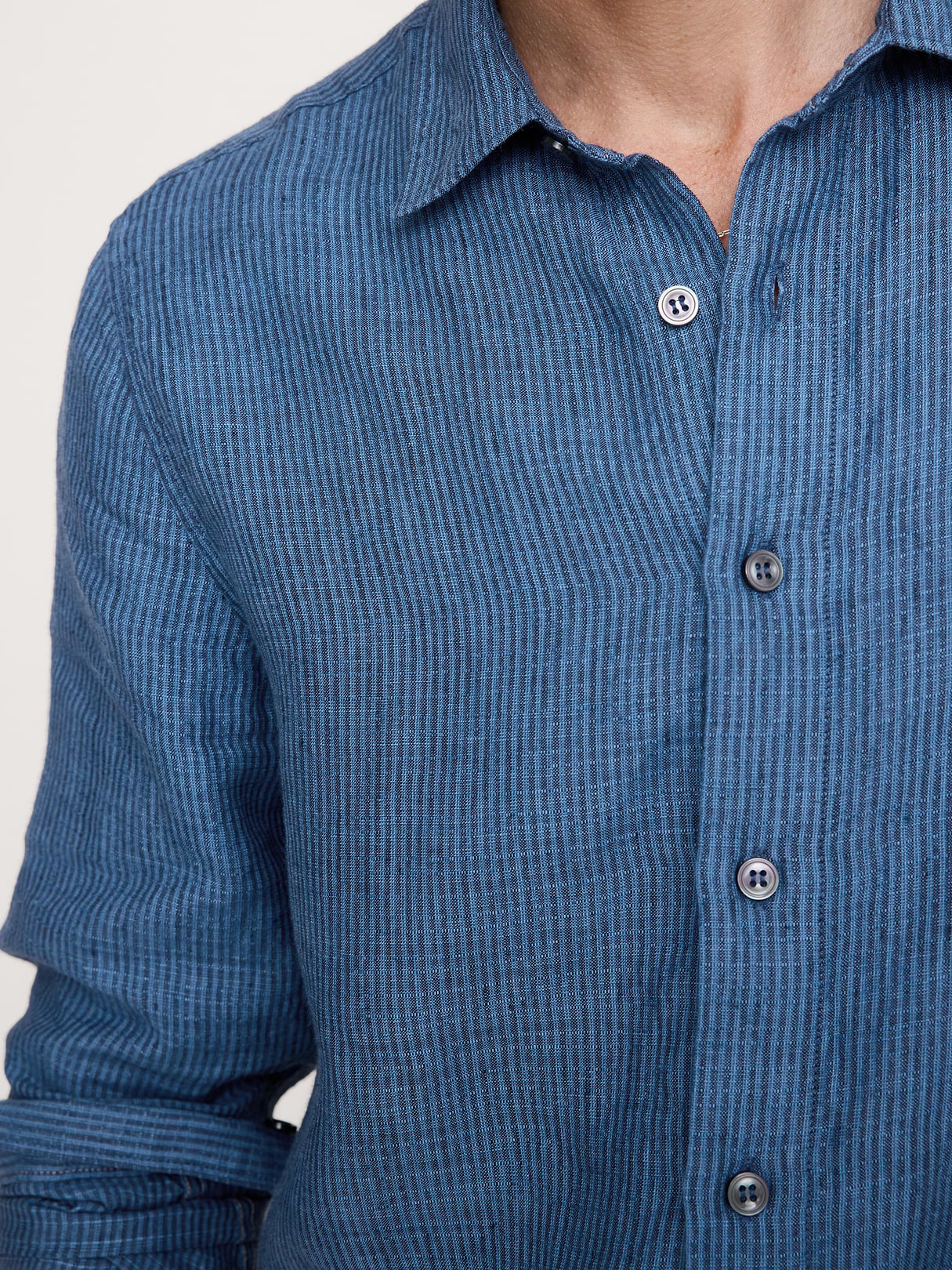 Standard-Fit Textured Linen-Cotton Shirt - Navy Blue Stripe