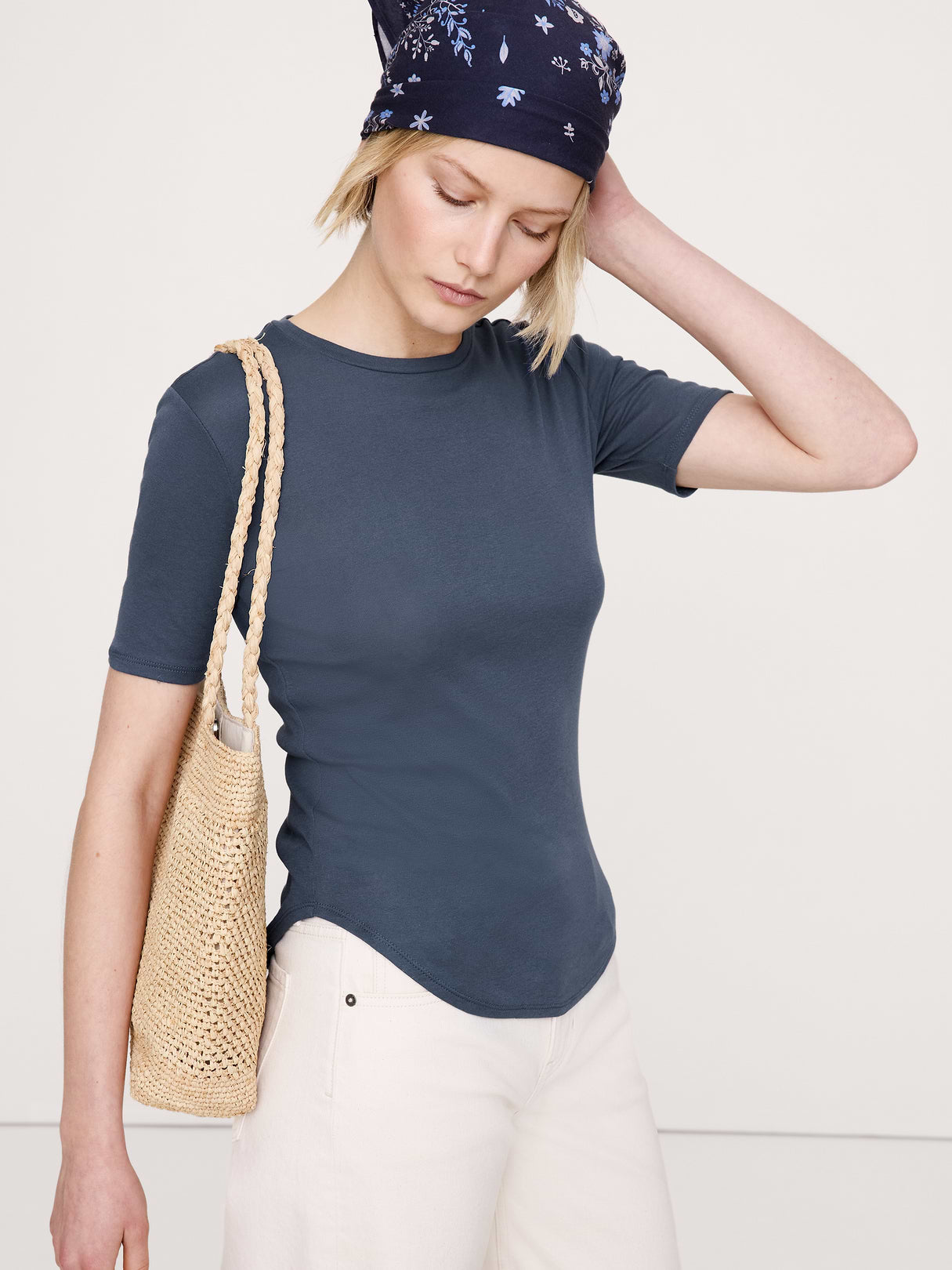 Airy Cotton Elbow-Sleeve T-Shirt - Dark Denim Blue