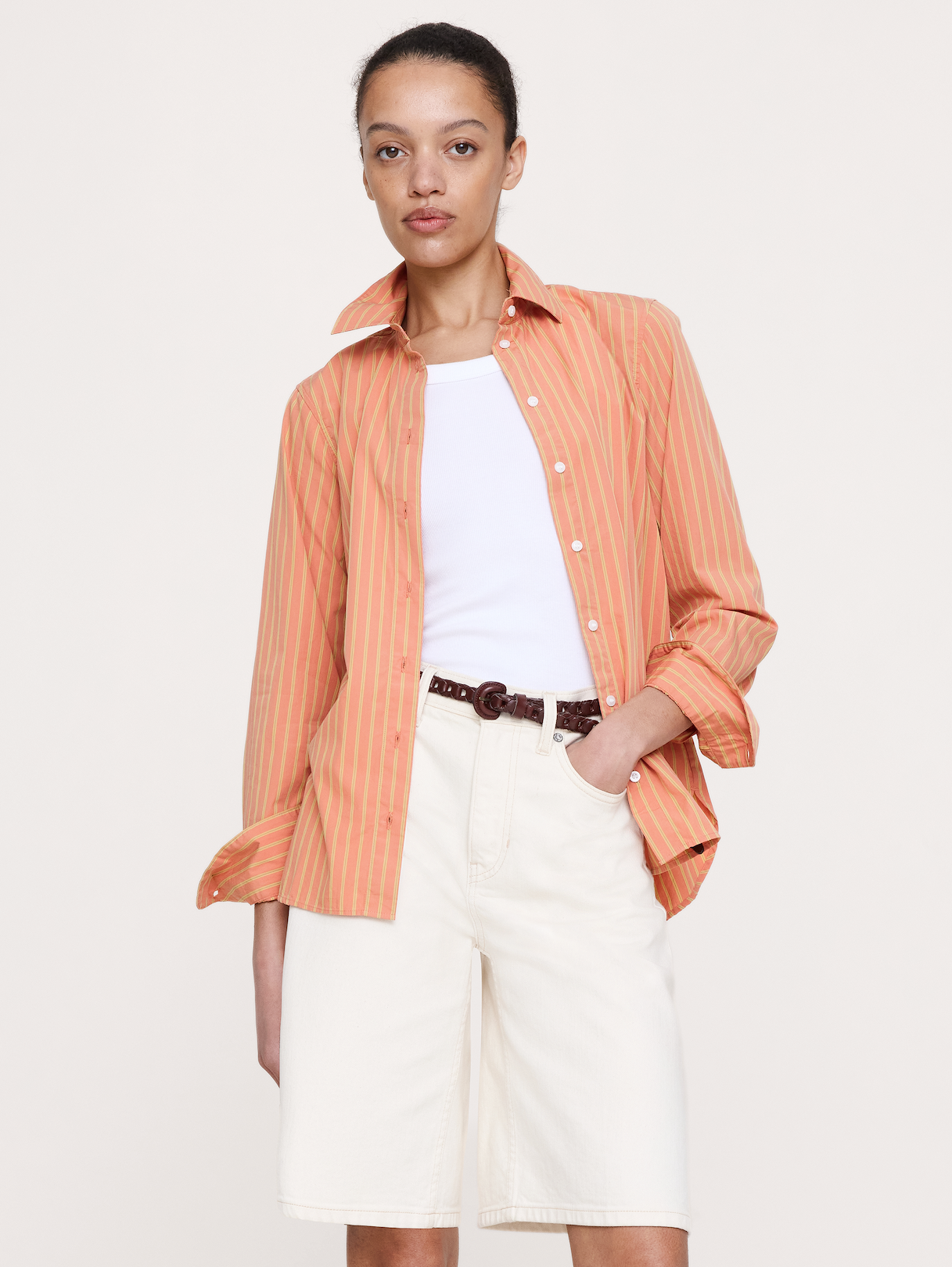 The Everyday Shirt in Cotton Poplin - Orange Mini Stripe
