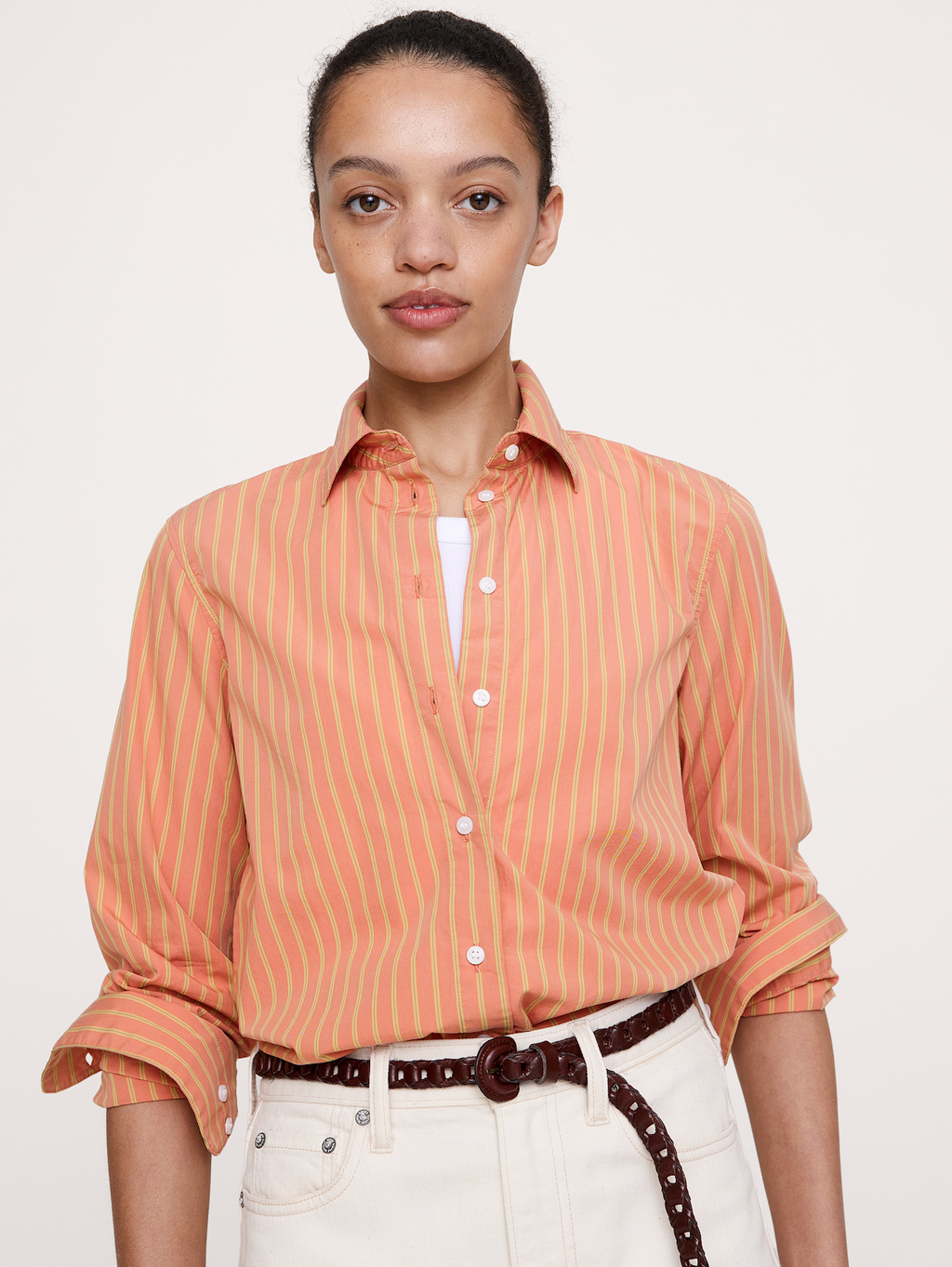 The Everyday Shirt in Cotton Poplin - Orange Mini Stripe