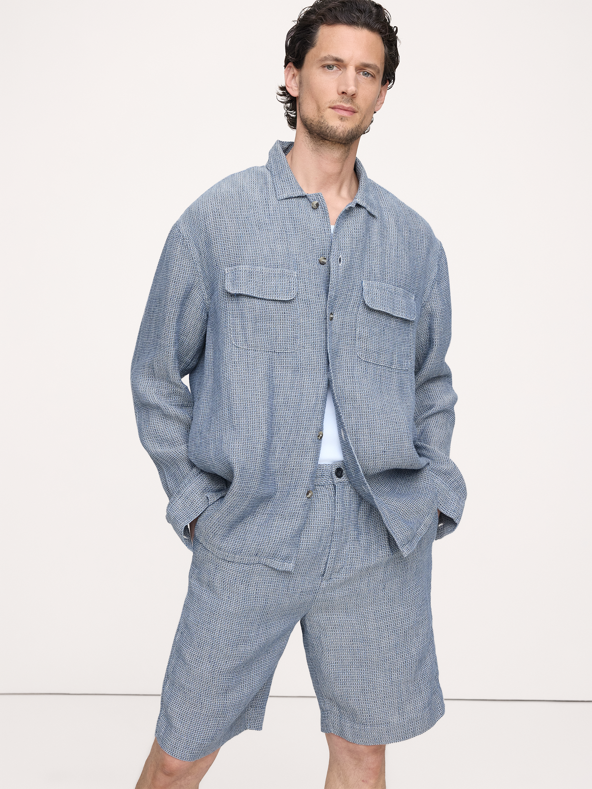 Relaxed-Fit Linen Resort Shirt - Blue Texture