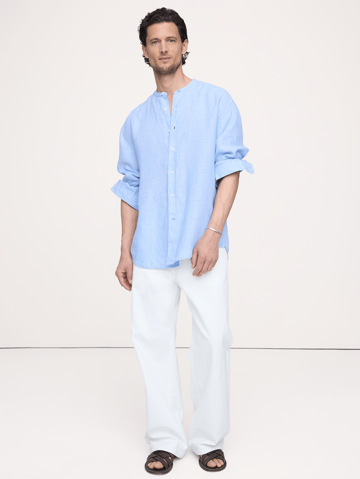 Relaxed-Fit Linen Banded-Collar Shirt - Cerulean Blue