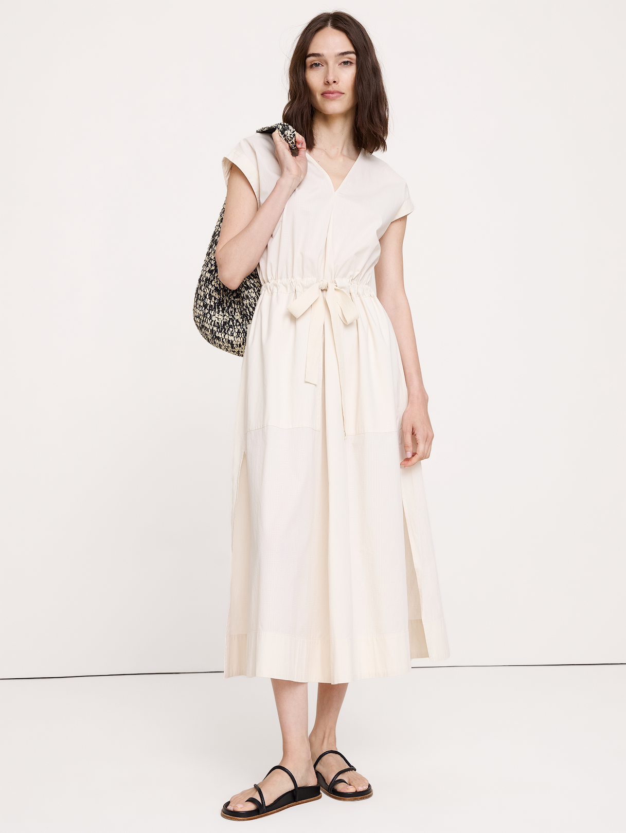Stretch-Cotton Tie-Waist Maxi Dress - Cream White